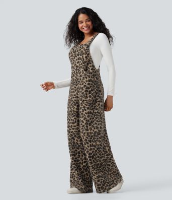 Square Neck Leopard Print Teddy Casual Baggy Overalls with Pockets