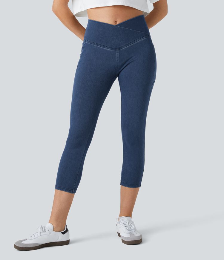 Leggings Halara Flex™ Denim capri mezclilla elástico lavado bolsillo lateral cruzado