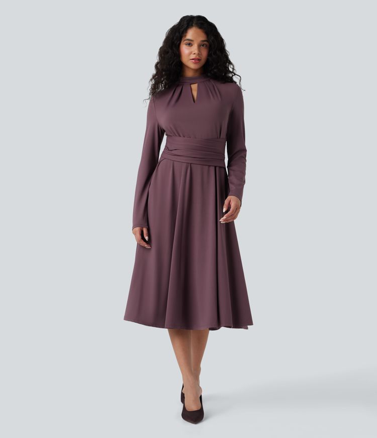 Robe de travail midi manches longues à découpes et dos noué avec poches