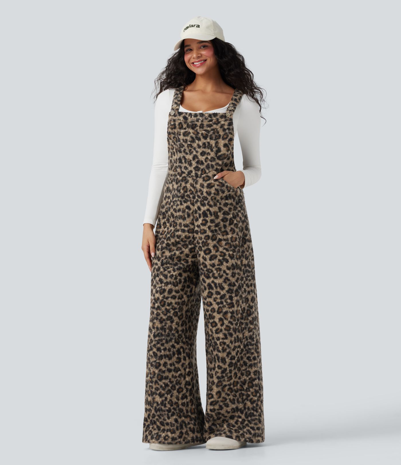 Square Neck Leopard Print Teddy Casual Baggy Overalls with Pockets