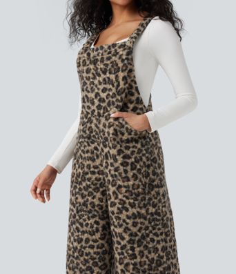 Square Neck Leopard Print Teddy Casual Baggy Overalls with Pockets