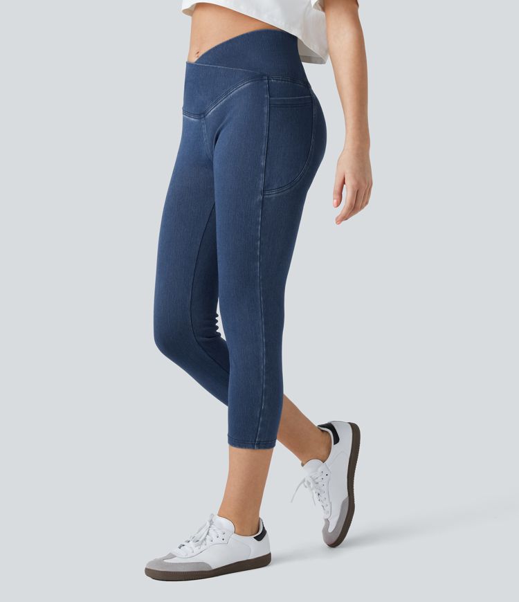 Halara Flex™ Crossover Pocket Washed Denim Capri Casual Leggings