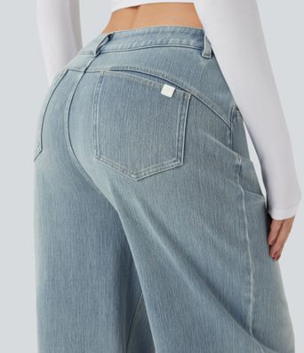 Halara Flex™ vaqueros relajados de talle medio, de pierna ancha, lavados, con bolsillos