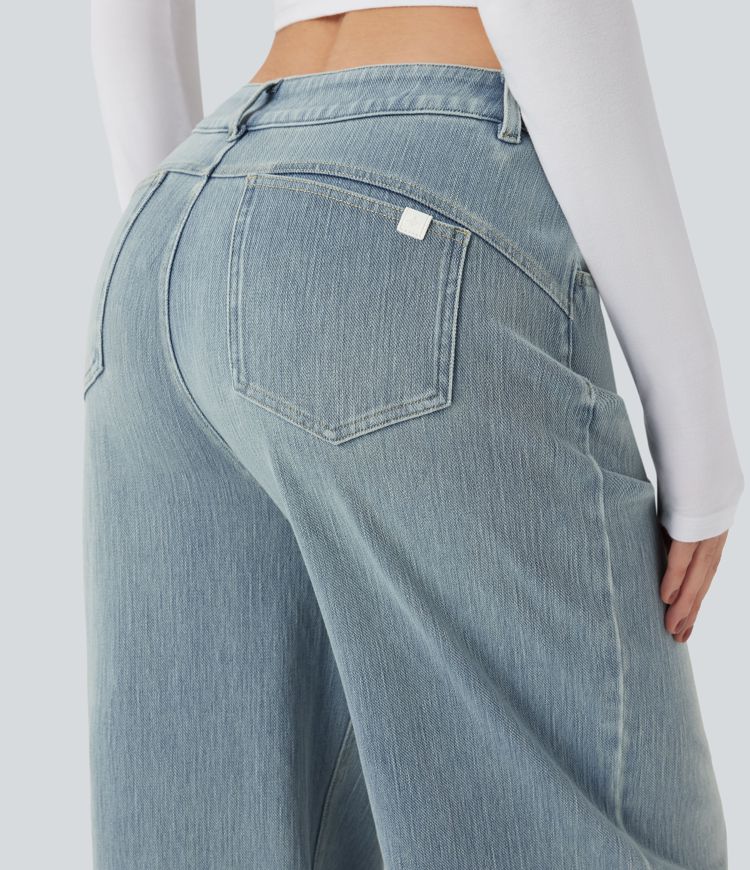 Halara Flex™ vaqueros relajados de talle medio, de pierna ancha, lavados, con bolsillos