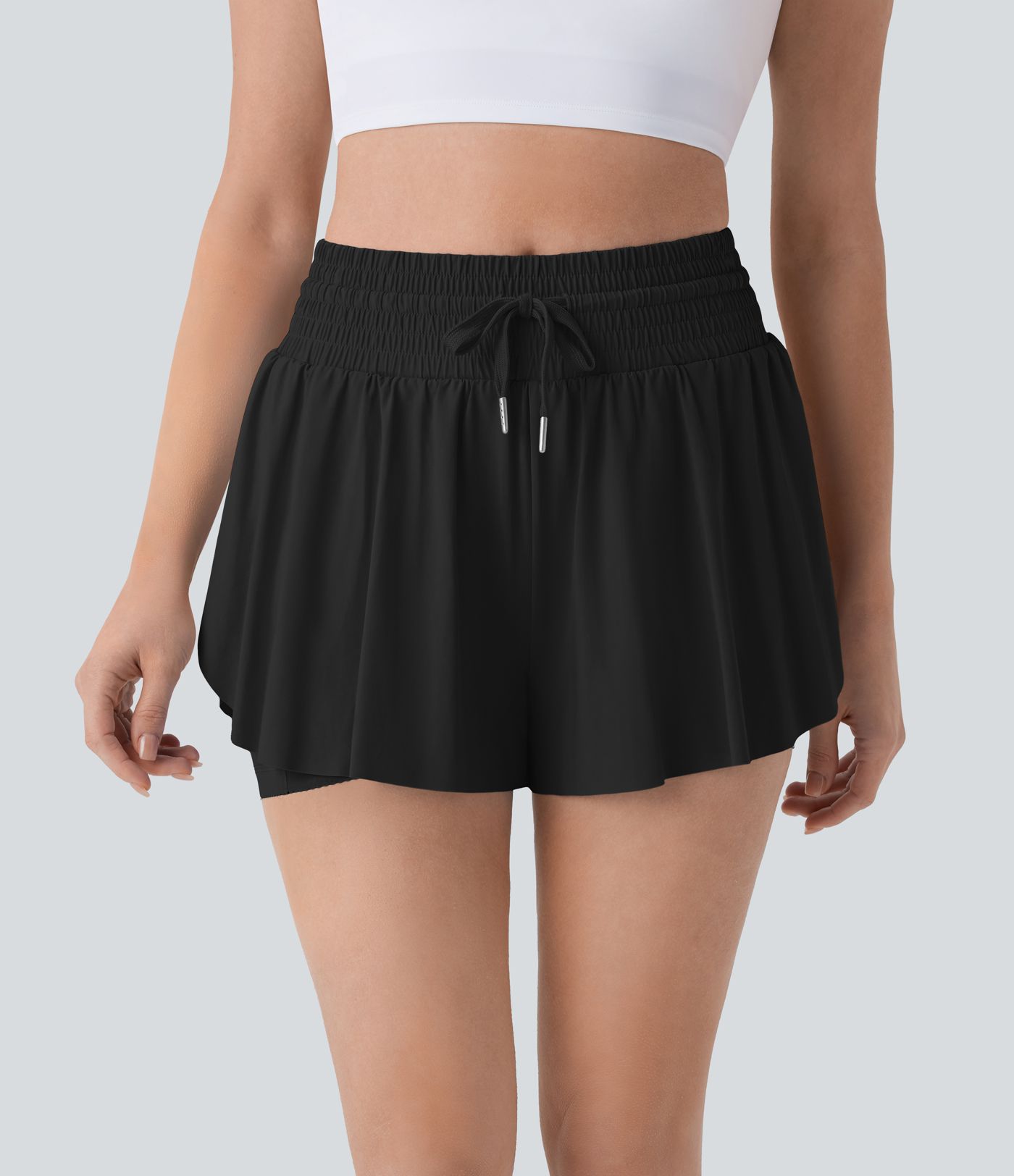 High Waisted Tummy Control Drawstring 2-in-1 Anti-slip Hem Cool Touch Yoga Shorts with Pockets-UPF50+