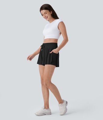 High Waisted Tummy Control Drawstring 2-in-1 Anti-slip Hem Cool Touch Yoga Shorts with Pockets-UPF50+