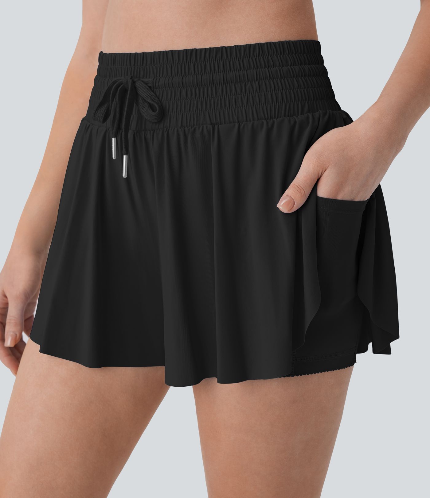 High Waisted Tummy Control Drawstring 2-in-1 Anti-slip Hem Cool Touch Yoga Shorts with Pockets-UPF50+