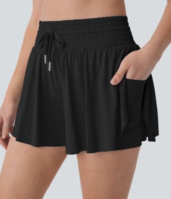 High Waisted Tummy Control Drawstring 2-in-1 Anti-slip Hem Cool Touch Yoga Shorts with Pockets-UPF50+