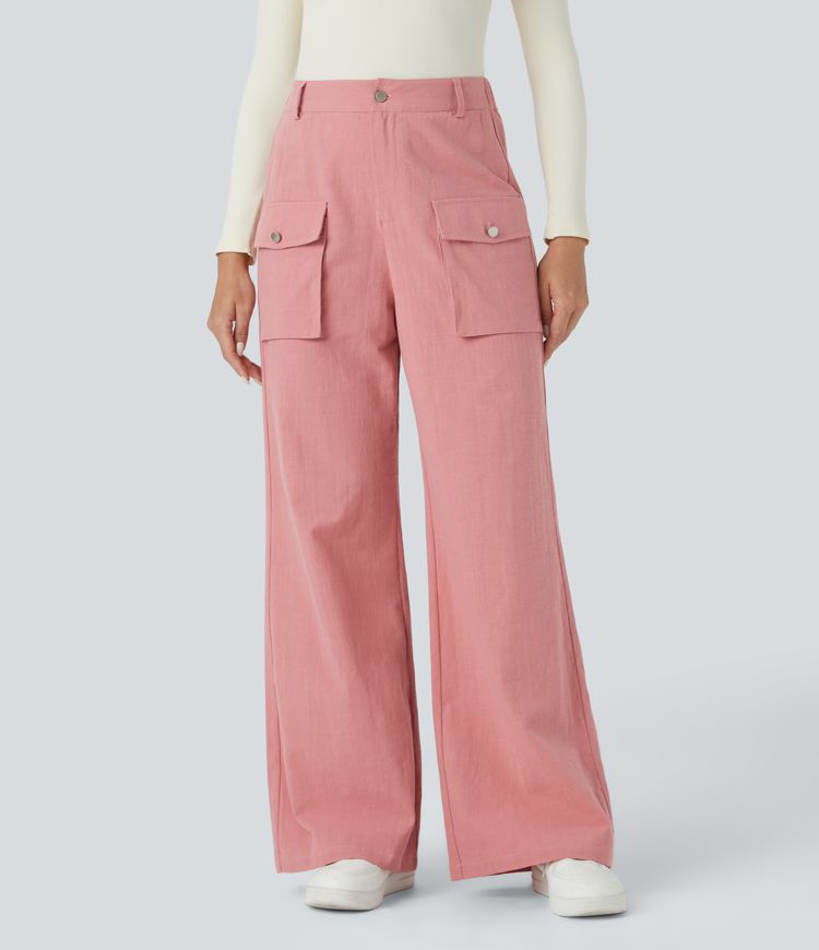 Pantalón cargo tiro alto cremallera botón bolsillo solapa lateral pierna ancha