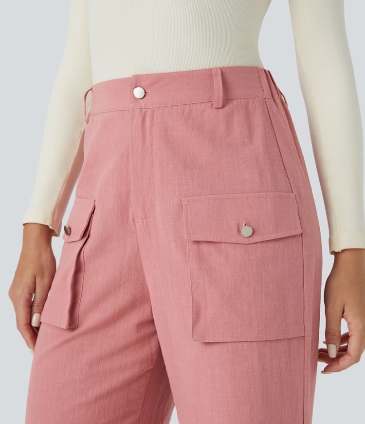 Pantalon ample à coupe haute avec boutons, fermeture éclair et poches cargo latérales à rabat en style lin