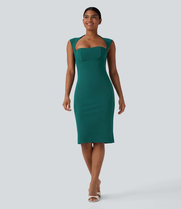 Sleeveless Tummy Control Butt Lifting Built-in Mesh Shapewear Midi Work Dress