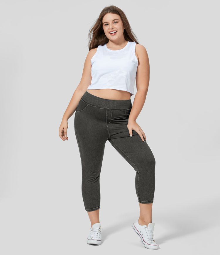 Leggings Capri Halara Flex™ Denim tiro alto bolsillo lateral trasero tejido elástico mezclilla talla grande