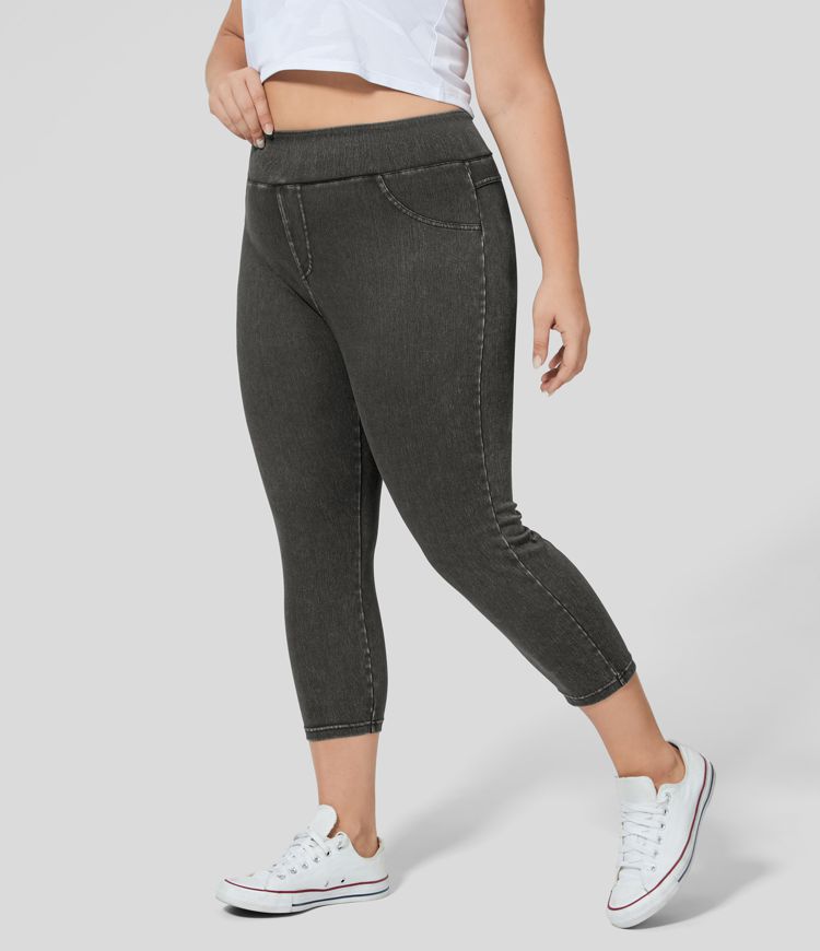 Leggings Capri Halara Flex™ Denim tiro alto bolsillo lateral trasero tejido elástico mezclilla talla grande