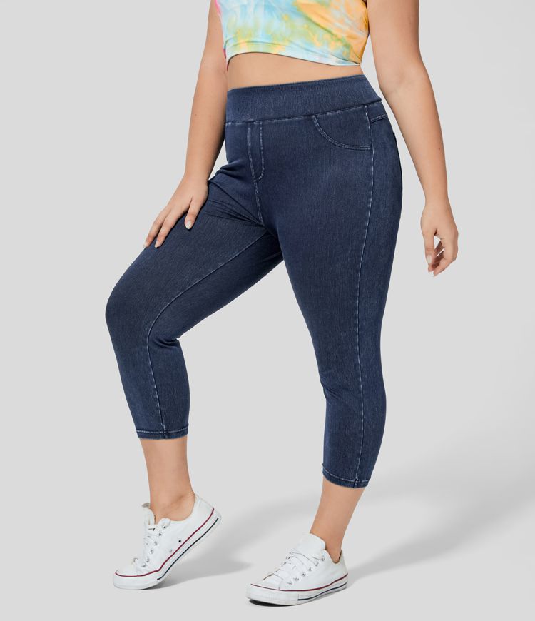 Leggings Capri Halara Flex™ Denim tiro alto bolsillo lateral trasero tejido elástico mezclilla talla grande