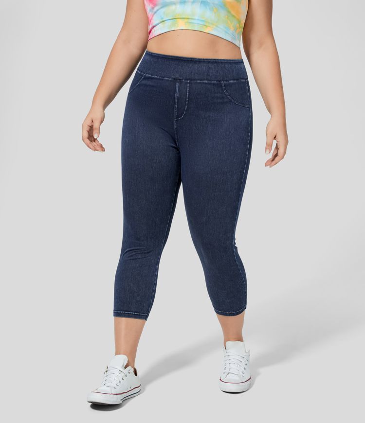 Leggings Capri Halara Flex™ Denim tiro alto bolsillo lateral trasero tejido elástico mezclilla talla grande