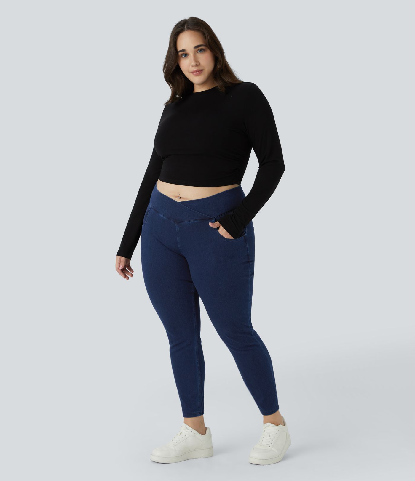 Halara Flex™ Legging Travail  7/8 Taille Croisée en Denim Tricot Extensible Taille Haute Poches Multiples Grande Taille
