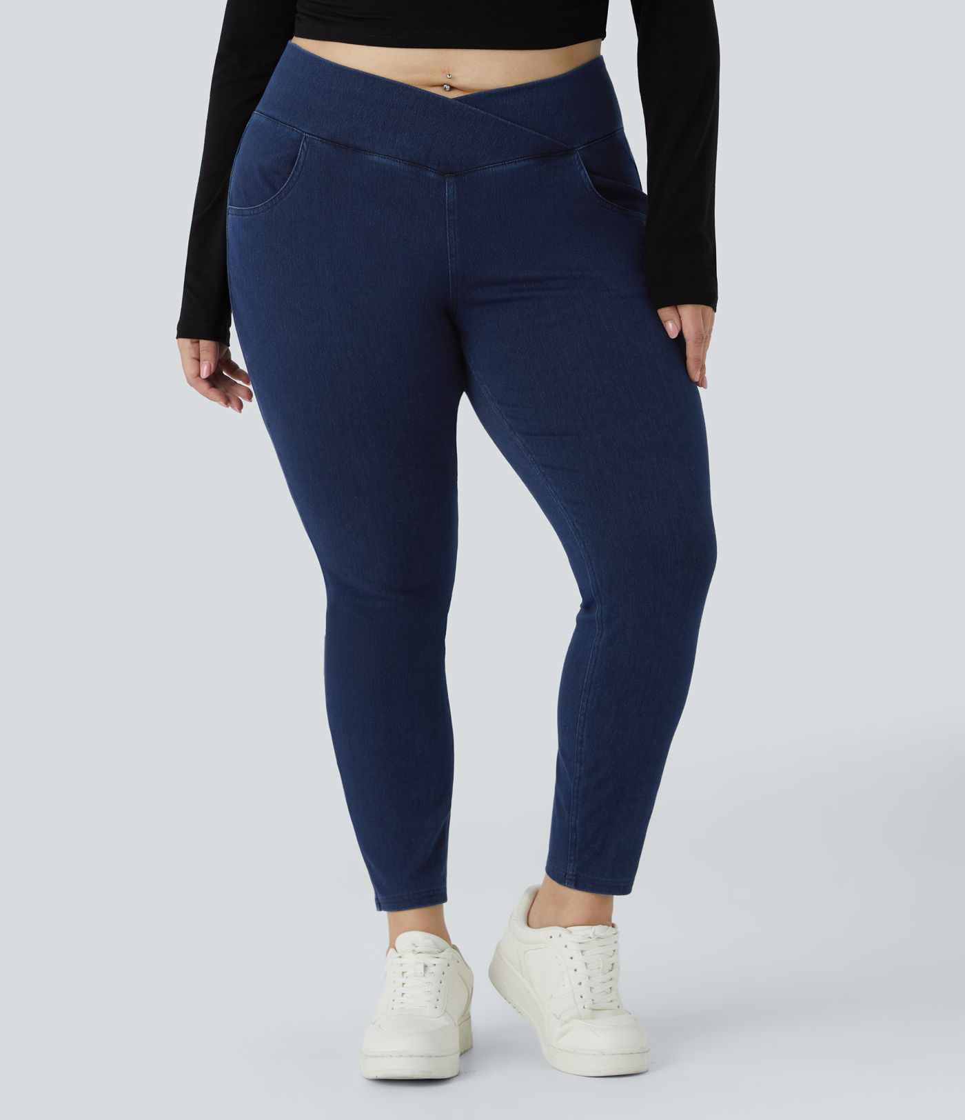 Halara Flex™ Legging Travail  7/8 Taille Croisée en Denim Tricot Extensible Taille Haute Poches Multiples Grande Taille