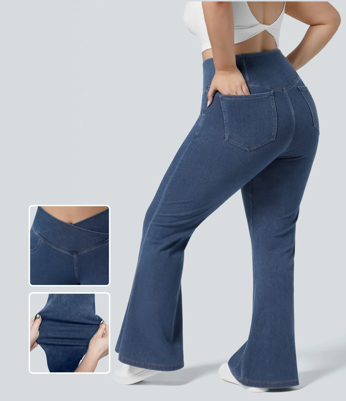 Halara Flex™ Plus Size verkürzte Jeans Jeggings aus elastischem Strick-Denim mit hohem Bund und Gesäßtaschen