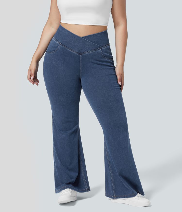 HalaraMagic™ High Waisted Crossover Pocket Washed Stretchy Knit Casual Plus Size Super Flare Jeans
