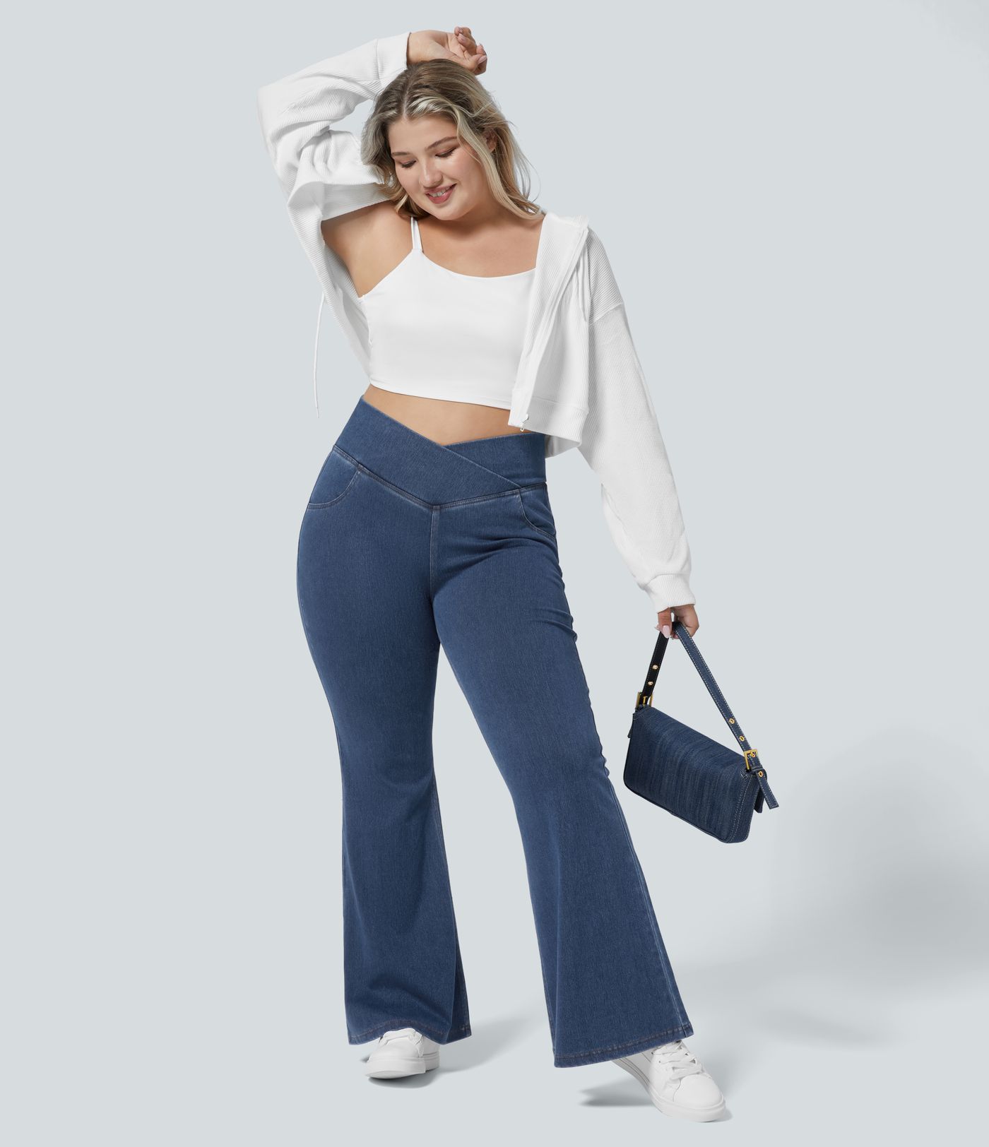 Halara Flex™ Plus Size verkürzte Jeans Jeggings aus elastischem Strick-Denim mit hohem Bund und Gesäßtaschen