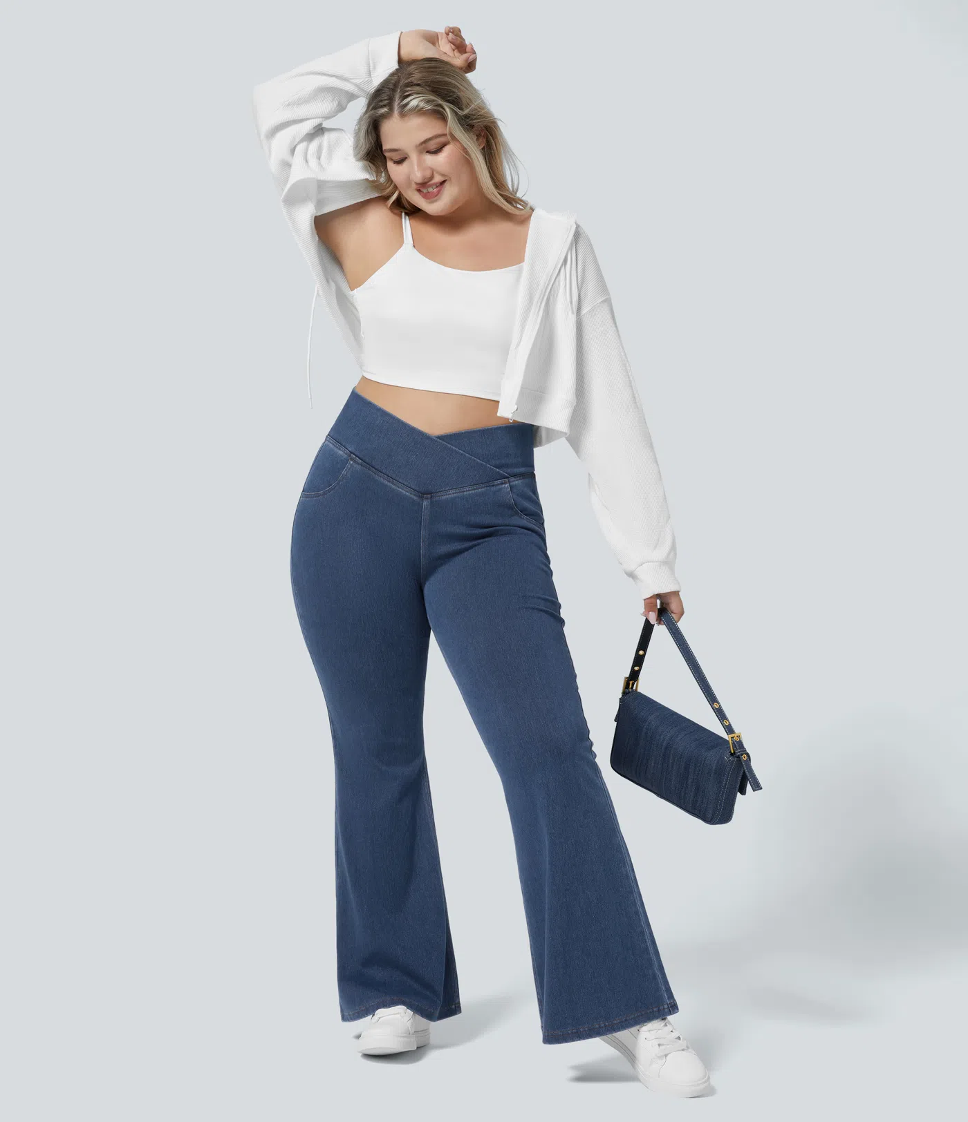 Halara Flex™ Plus Size verkürzte Jeans Jeggings aus elastischem Strick-Denim mit hohem Bund und Gesäßtaschen