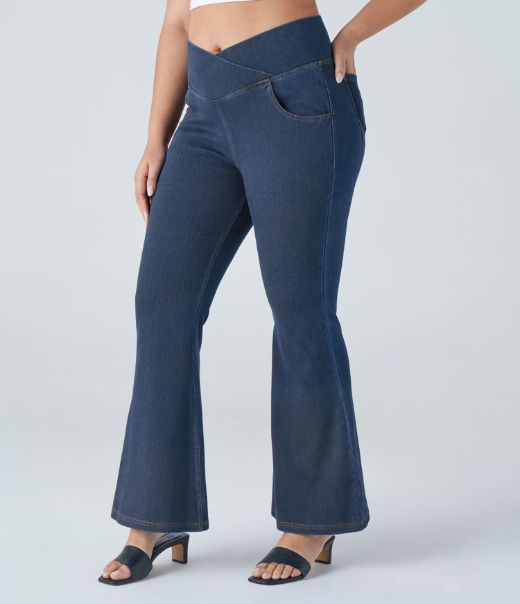 HalaraMagic™ High Waisted Crossover Pocket Washed Stretchy Knit Casual Plus Size Super Flare Jeans