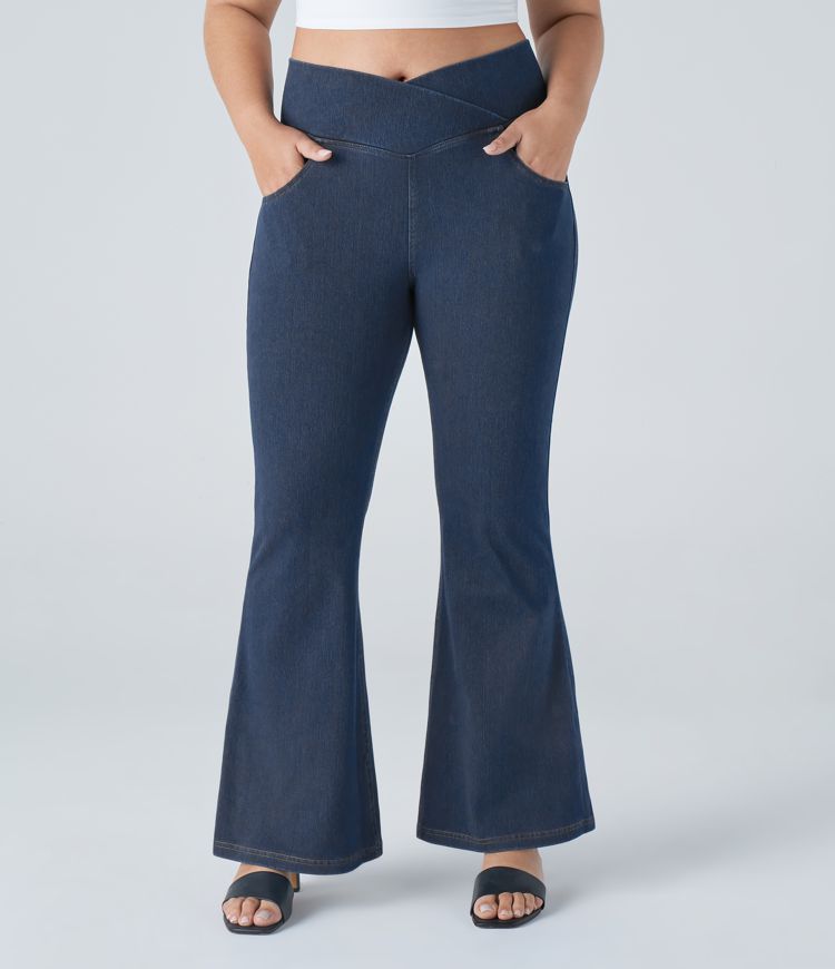 HalaraMagic™ High Waisted Crossover Pocket Washed Stretchy Knit Casual Plus Size Super Flare Jeans