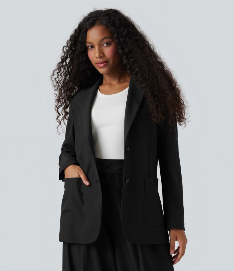 Notched Collar Long Sleeve Work Linen-Feel Blazer with Pockets