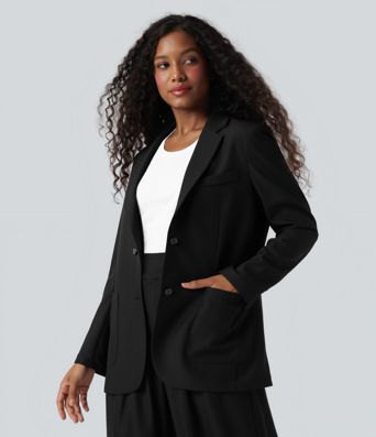 Notched Collar Long Sleeve Work Linen-Feel Blazer with Pockets