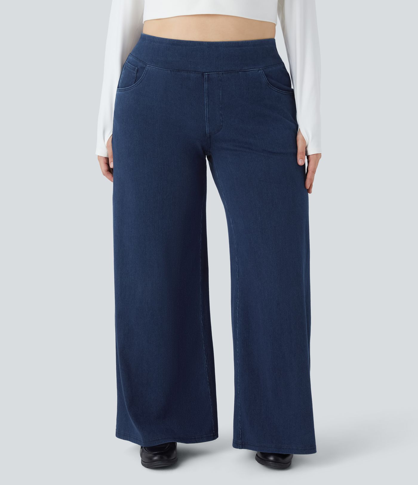 Halara Flex™ High Waisted Multiple Pockets Wide Leg Loose Stretchy Knit Casual Plus Size Jeans