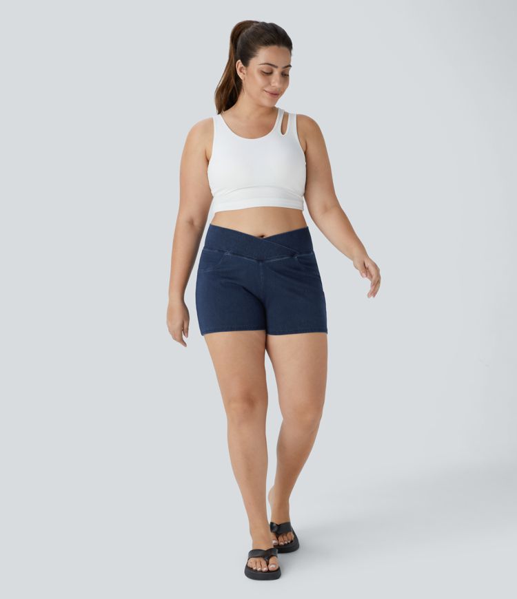 Halara Flex™ High Waisted Crossover Pocket Denim Casual Plus Size Shorts 3"