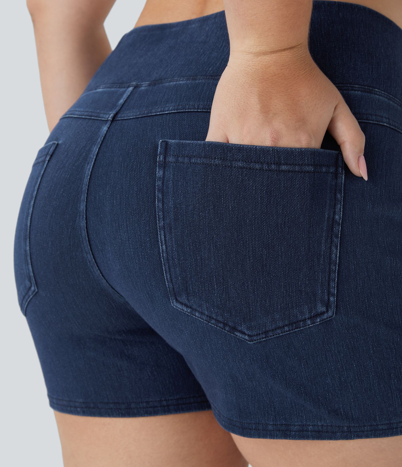 Halara Flex™ Aukšto liemens kryžminės kišenės džinsiniai laisvalaikio šortai plius dydžiams, 3"