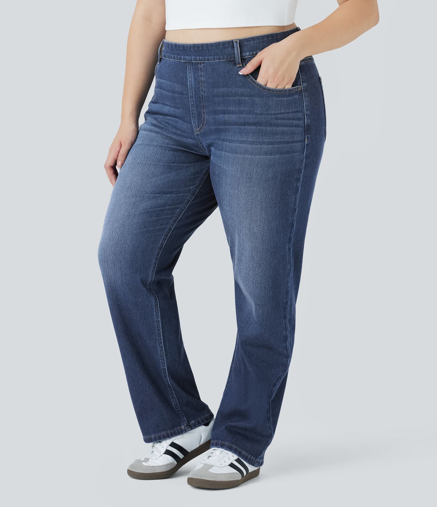 HalaraMagic™ Plus-Size, lässige, verwaschene Jeans aus elastischem Strick-Denim mit hohem Bund, mehreren Taschen und geradem Bein