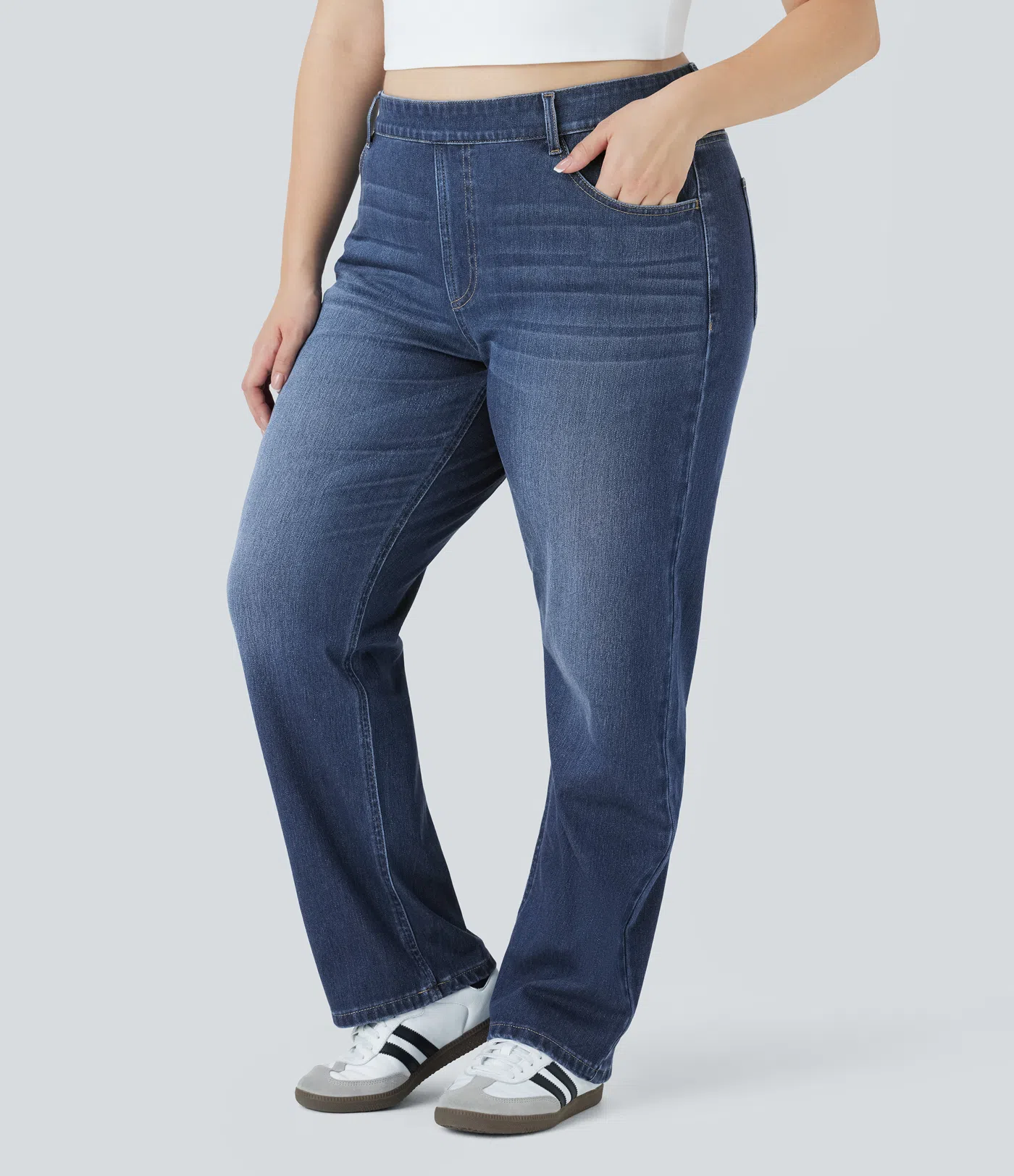 HalaraMagic™ Plus-Size, lässige, verwaschene Jeans aus elastischem Strick-Denim mit hohem Bund, mehreren Taschen und geradem Bein