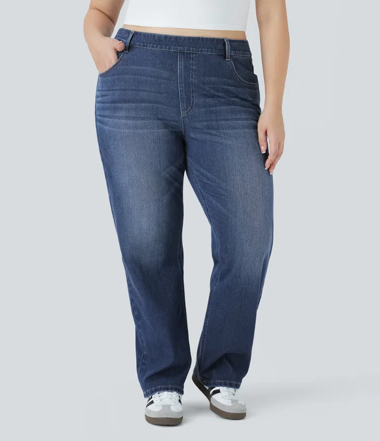 HalaraMagic™ Plus-Size, lässige, verwaschene Jeans aus elastischem Strick-Denim mit hohem Bund, mehreren Taschen und geradem Bein