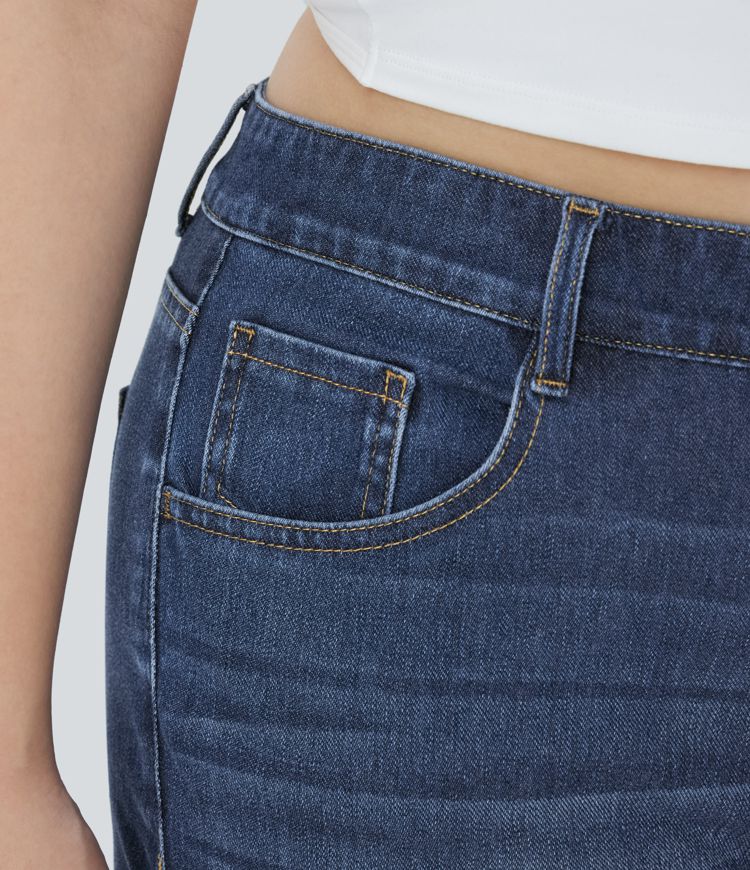 HalaraMagic™ Plus-Size, lässige, verwaschene Jeans aus elastischem Strick-Denim mit hohem Bund, mehreren Taschen und geradem Bein