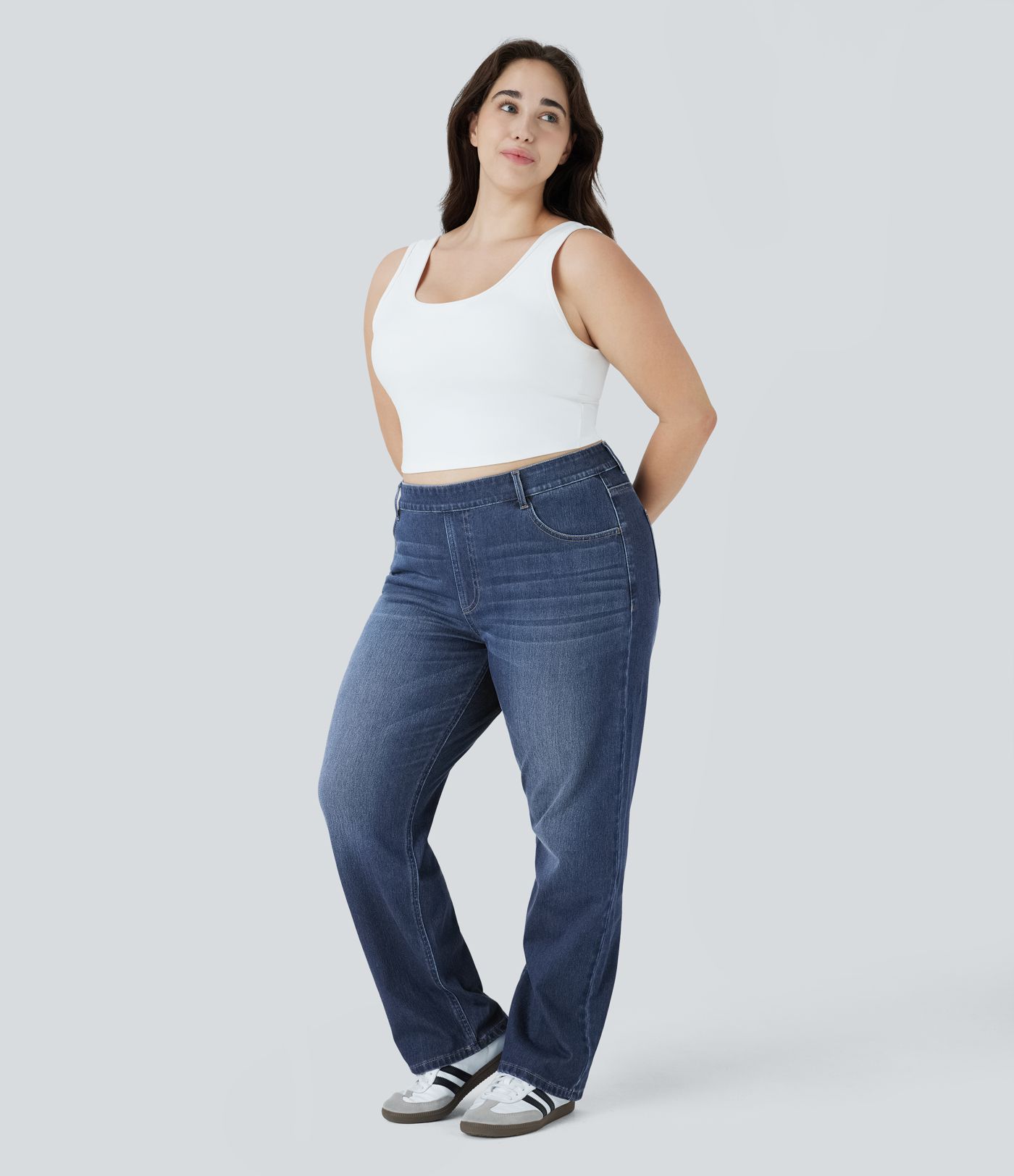 HalaraMagic™ Plus-Size, lässige, verwaschene Jeans aus elastischem Strick-Denim mit hohem Bund, mehreren Taschen und geradem Bein