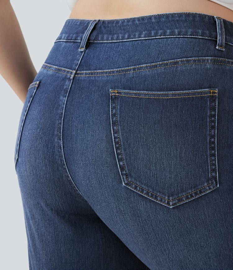 HalaraMagic™ Plus-Size, lässige, verwaschene Jeans aus elastischem Strick-Denim mit hohem Bund, mehreren Taschen und geradem Bein