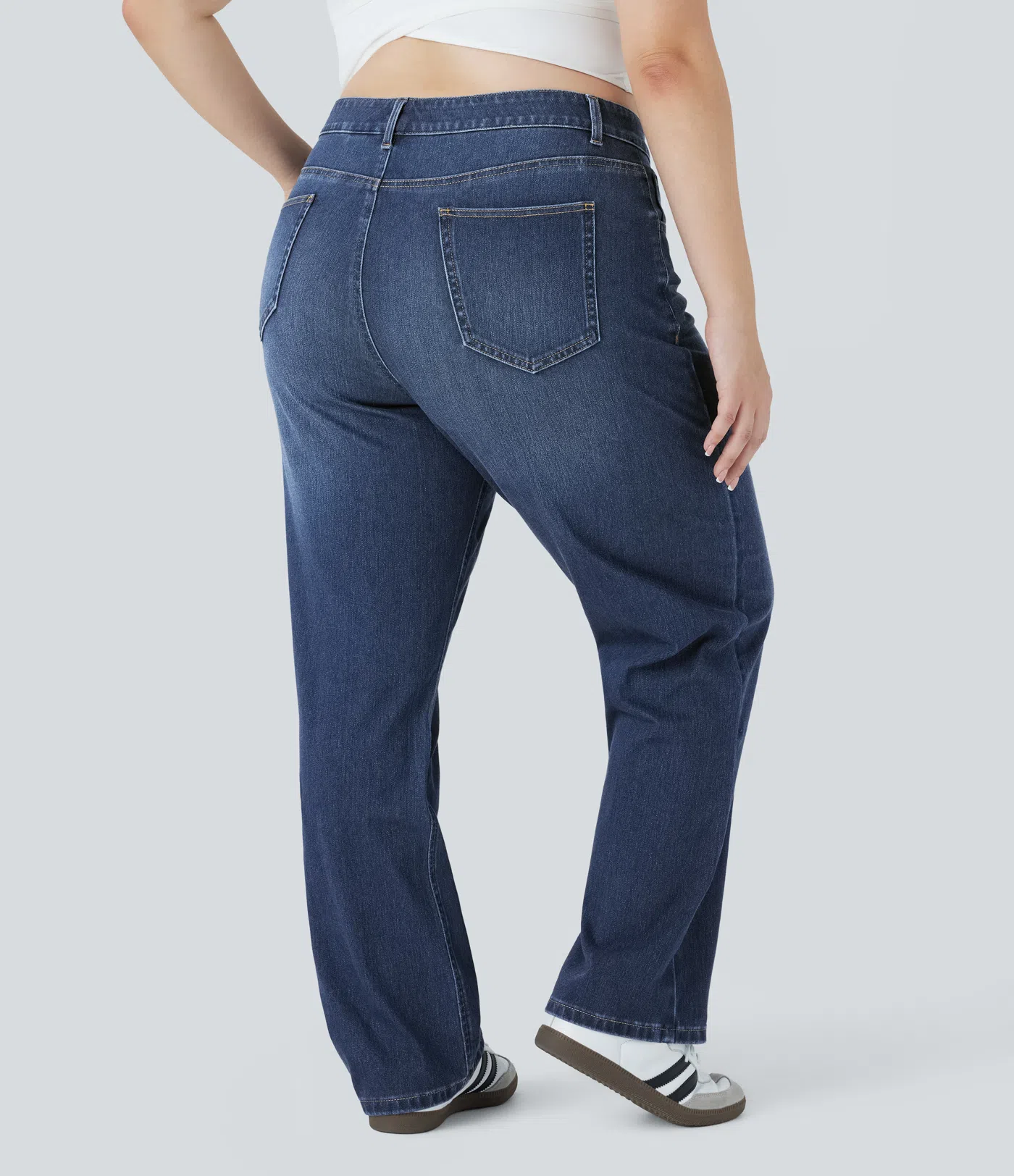 HalaraMagic™ Plus-Size, lässige, verwaschene Jeans aus elastischem Strick-Denim mit hohem Bund, mehreren Taschen und geradem Bein