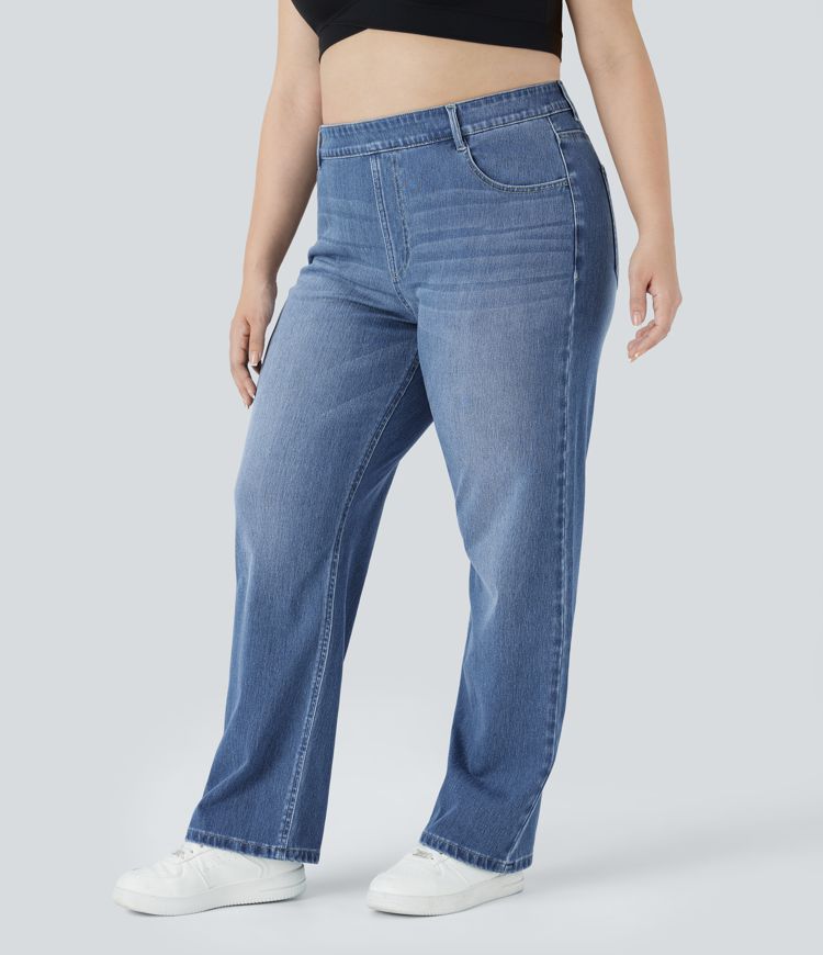 Halara Flex™ High Waisted Multiple Pockets Straight Leg Washed Stretchy Knit Casual Plus Size Jeans