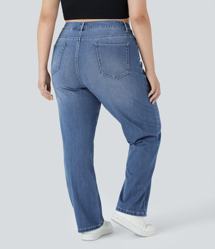 Halara Flex™ High Waisted Multiple Pockets Straight Leg Washed Stretchy Knit Casual Plus Size Jeans