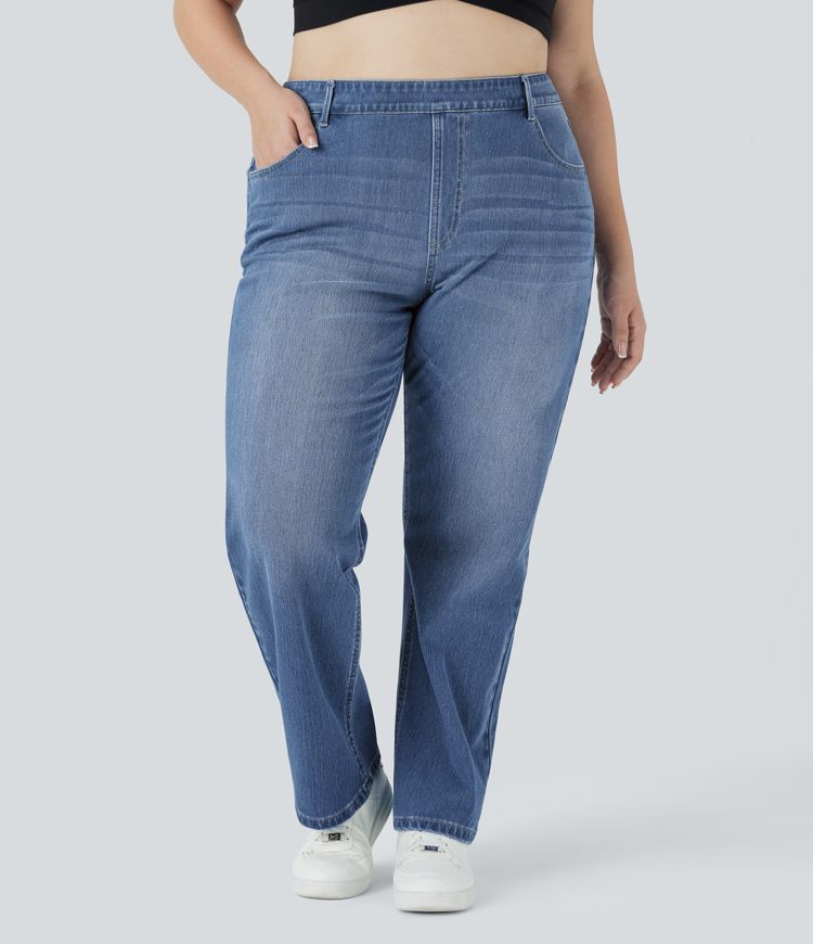Halara Flex™ High Waisted Multiple Pockets Straight Leg Washed Stretchy Knit Casual Plus Size Jeans