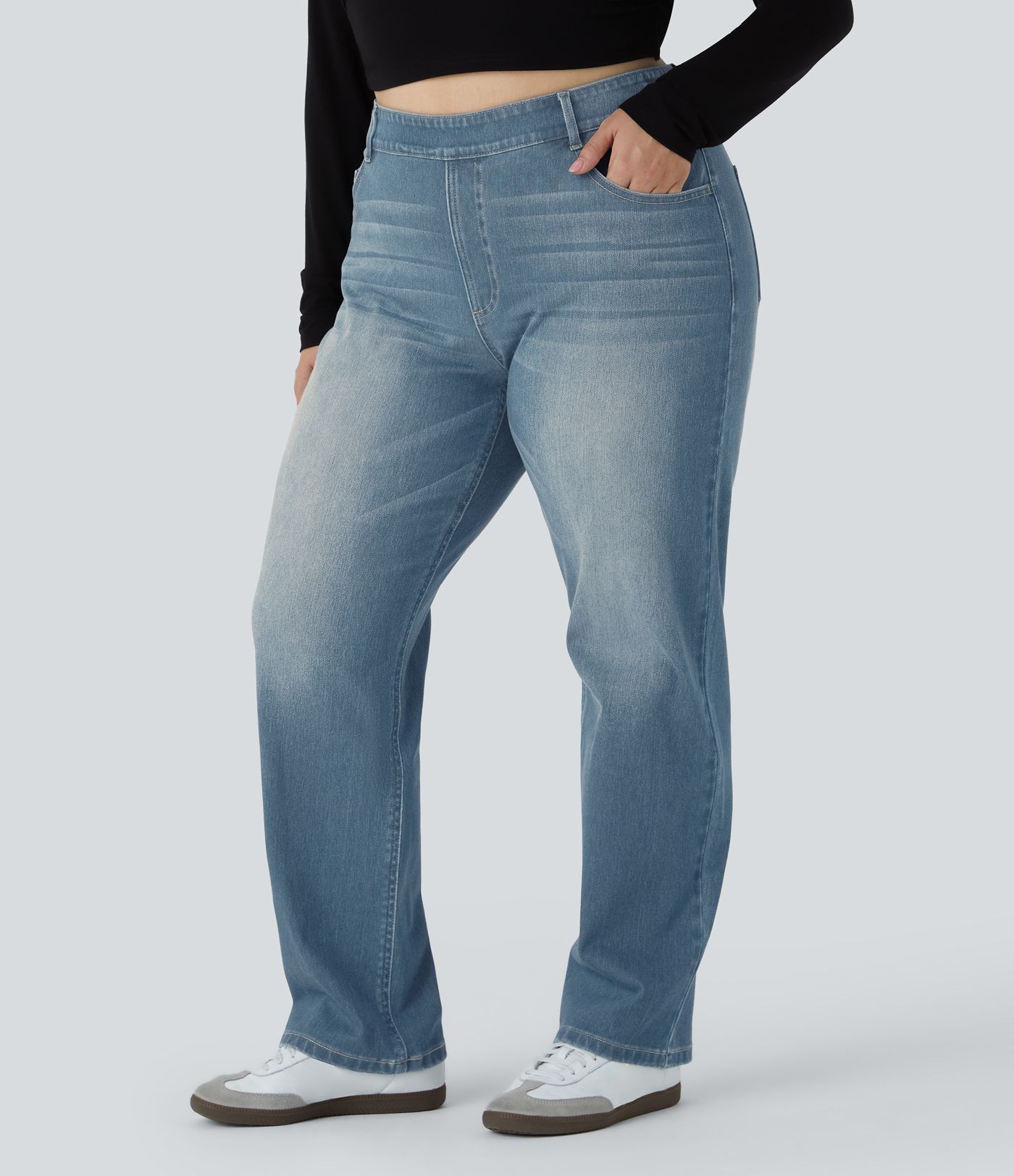 Halara Flex™ High Waisted Pockets Straight Leg Washed Women Casual Plus Size Denim Jeans