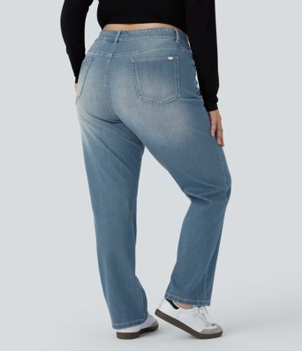Halara Flex™ High Waisted Pockets Straight Leg Washed Women Casual Plus Size Denim Jeans
