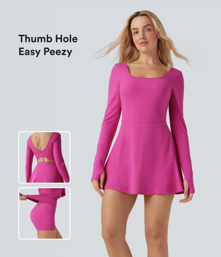 SoftlyZero™ Airy U Neck Long Sleeve Thumb Hole 2-in-1 Cool Touch Mini Dance Active Dress with Pockets-Easy Peezy
