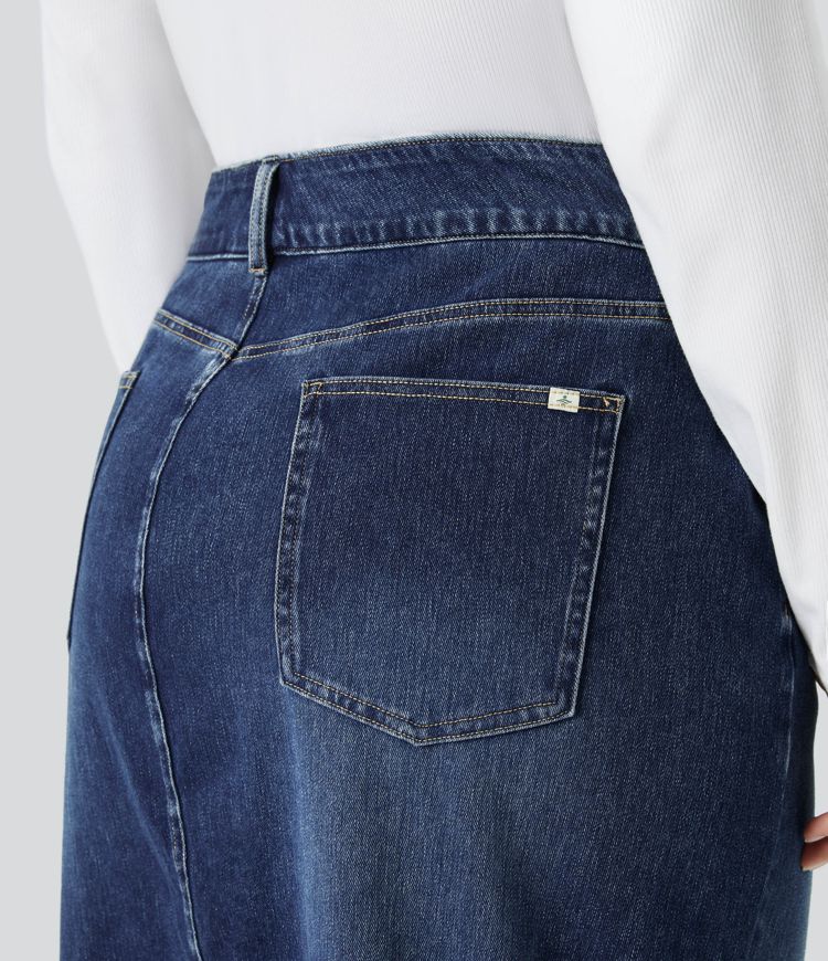 Halara Flex™ High Waisted Pockets Bodycon Washed Denim Casual Midi Plus Size Skirt