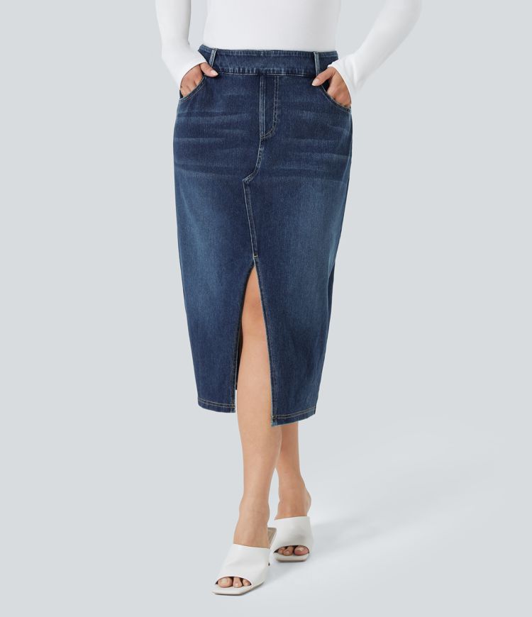 Halara Flex™ High Waisted Pockets Bodycon Washed Denim Casual Midi Plus Size Skirt