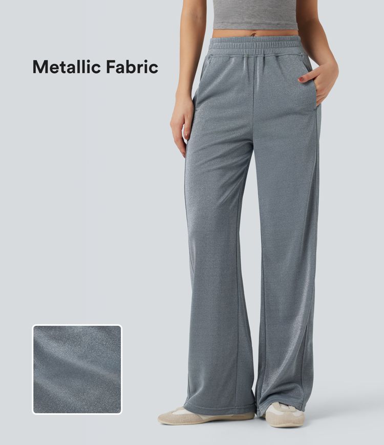 High Waisted Straight Leg Metallic Casual Pants with Pockets