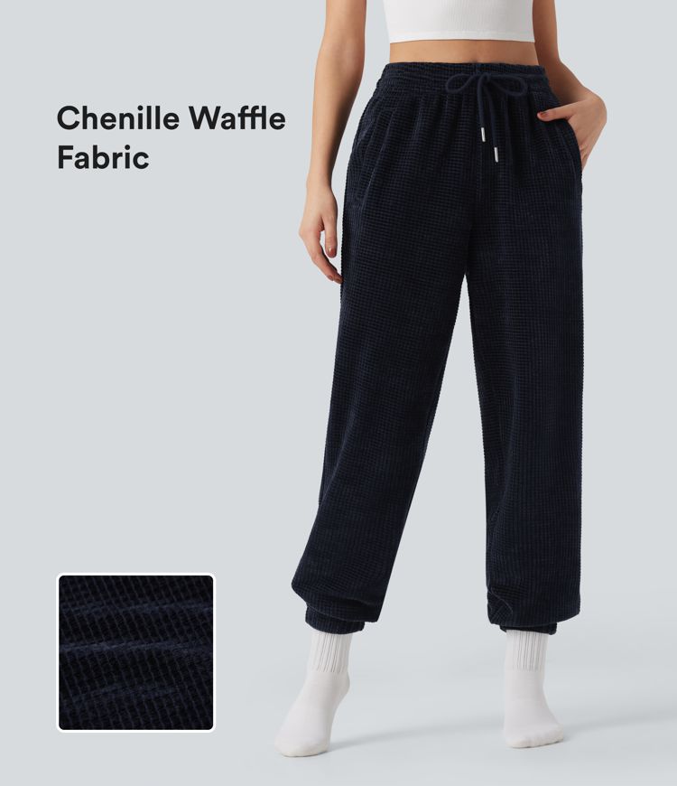High Waisted Drawstring Chenille Waffle Casual Joggers with Pockets