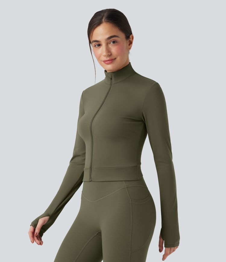Veste yoga SoftlyZero™ Plush col montant manches longues avec trous pour pouces et dos croisé